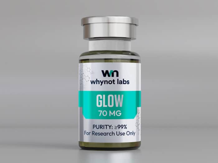 Glow Blend 70mg lyophilized research compound — BPC-157 10mg, TB-500 10mg, GHK-Cu 50mg, 10-panel conformity tested by Vanguard Laboratory