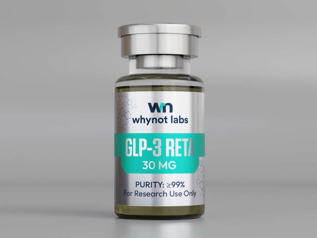 WhyNot Labs GLP-3 Reta 30mg lyophilized research compound vial with tamper-evident cap, third-party tested, research use only