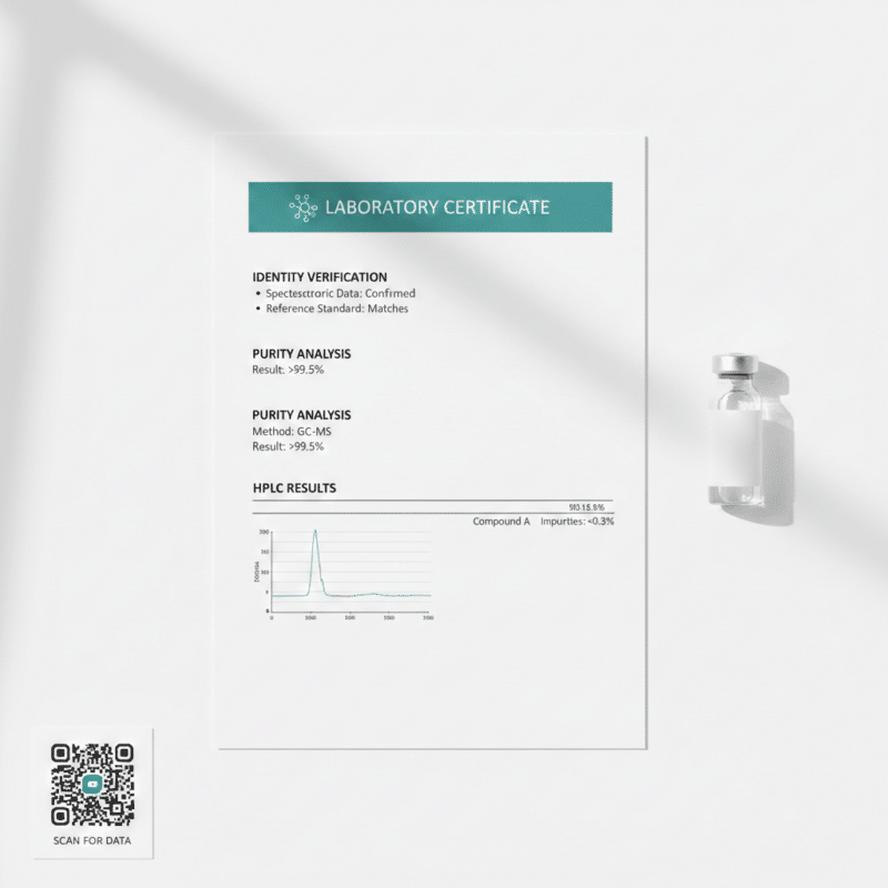Certificate of Analysis document with research peptide vial and QR code verification card