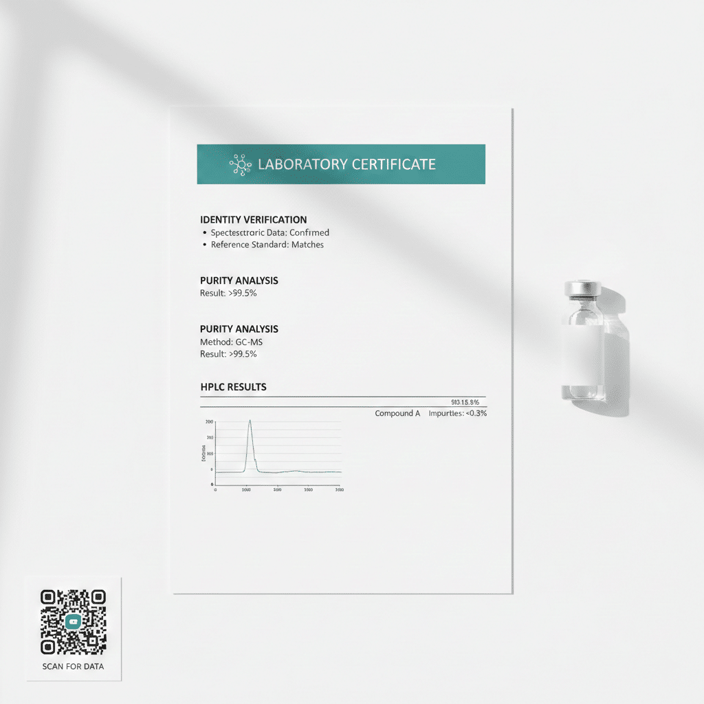 Certificate of Analysis document with research peptide vial and QR code verification card