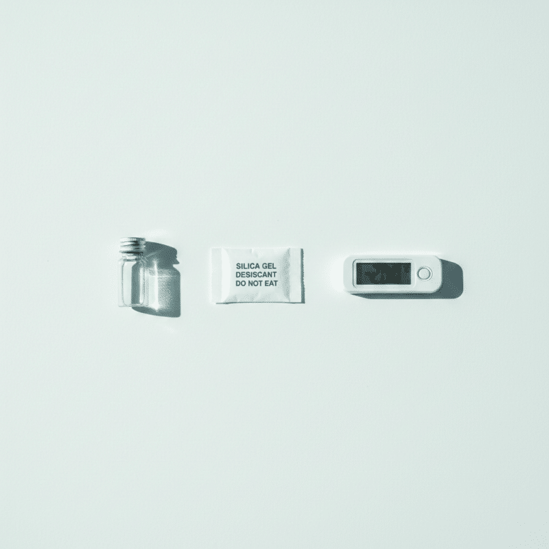 Glass research vial, desiccant packet, and thermometer showing -20°C for peptide storage