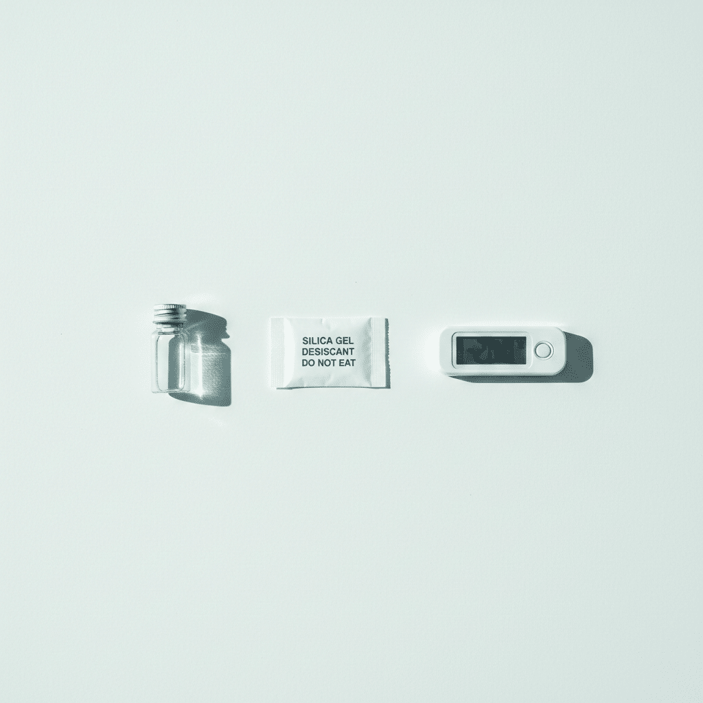 Glass research vial, desiccant packet, and thermometer showing -20°C for peptide storage