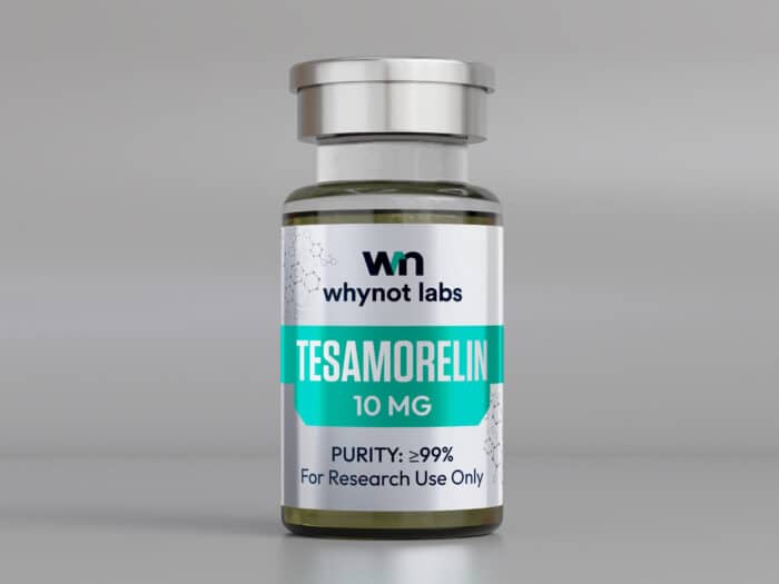 Tesamorelin 10mg lyophilized research peptide — synthetic GHRH analog, 10-panel conformity tested by Vanguard Laboratory