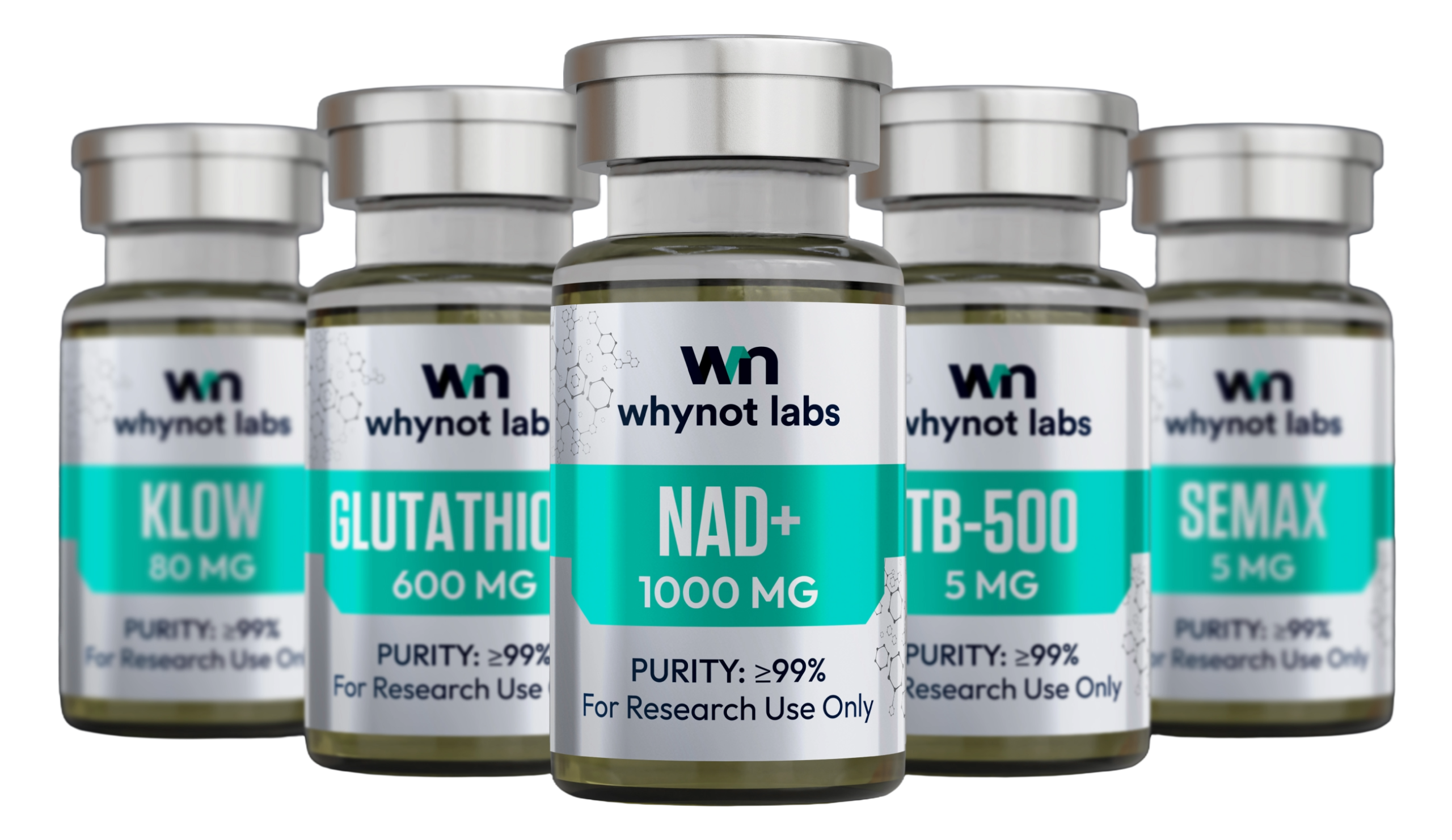 WhyNot Labs research peptide vials including NAD+, TB-500, KLOW, Glutathione, and Semax — independently tested, for research use only